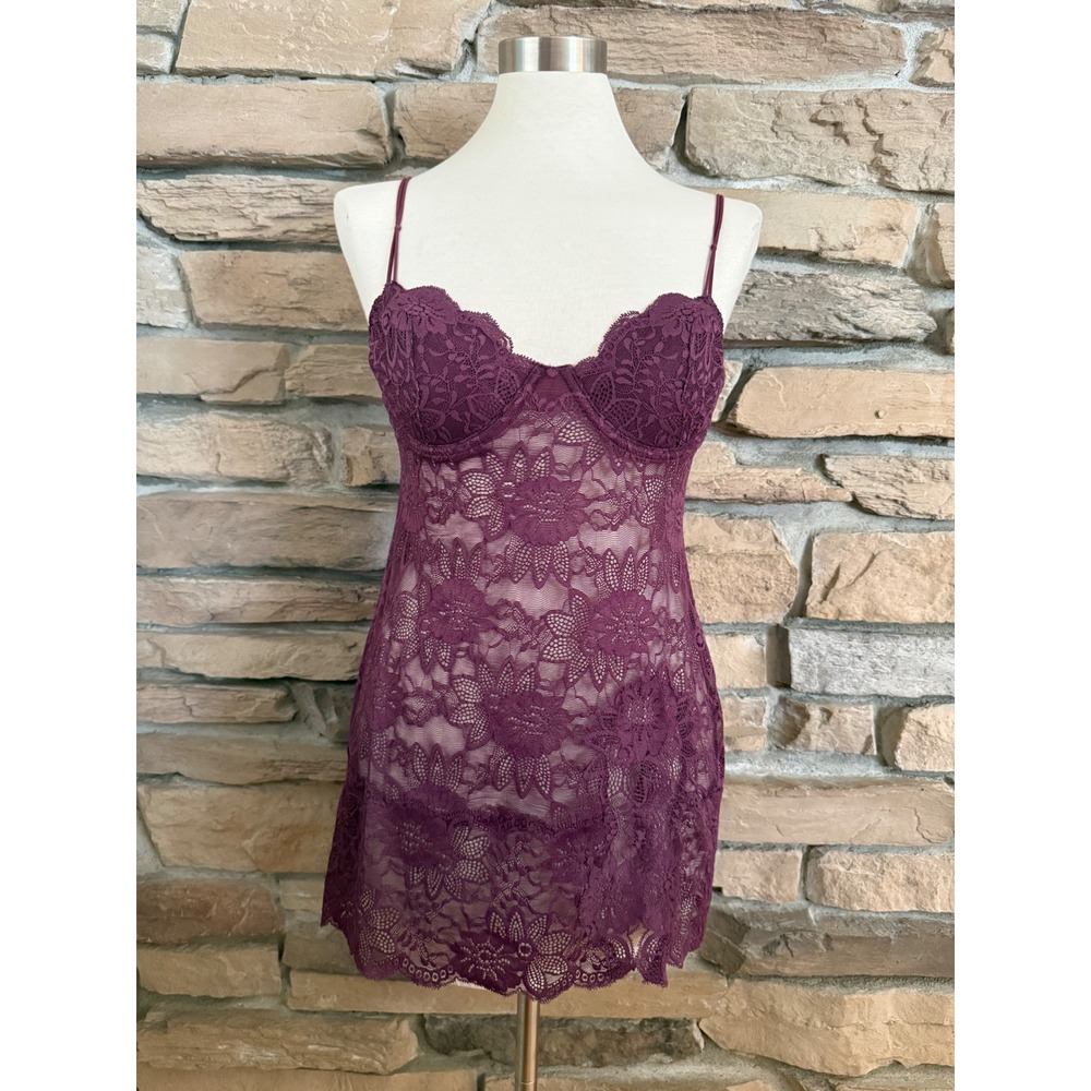Y2K Victoria's Secret Silk Lace Slip Dress 36B Plum Purple Underwire Chemise